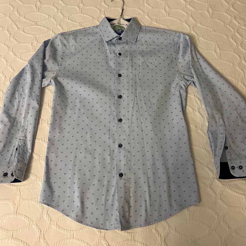 Isaac Mizrahi Boys Button Down.  light Blue with Dark Blue Pattern